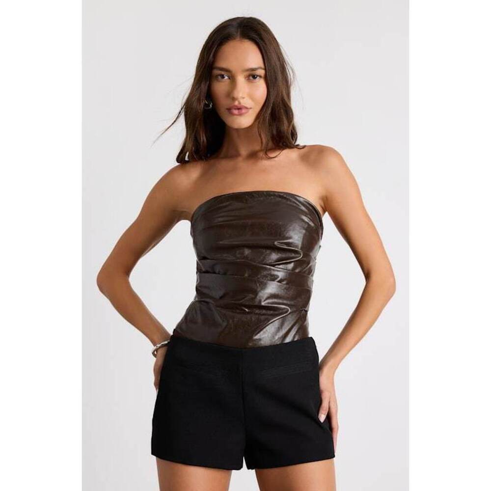 Lulus Anwyn Dark Brown Vegan Leather Ruched Strapless Bodysuit - Size Large
